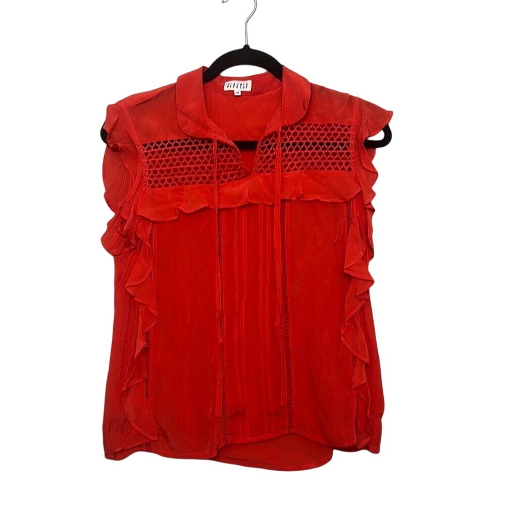 Claudie Pierlot Womens Red Collared Ruffle Cap Sleeve Tie Front Blouse Size 6